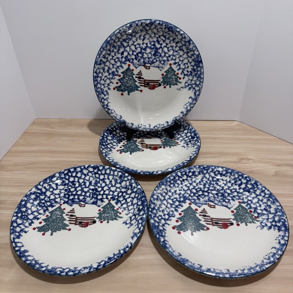 4 VTG Folk Craft Cabin In The Snow 10.5" Dinner Plates Tienshan Christmas Lot 1